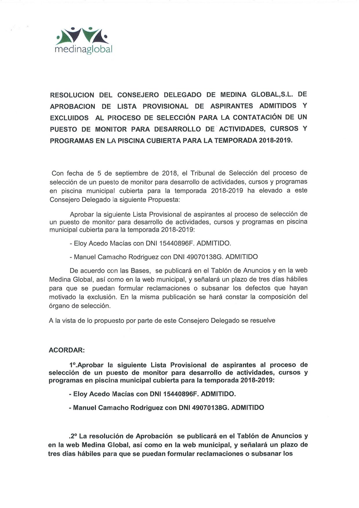 PUBLICACION DE RESOLUCIONES LISTA DE ADMITIDOS PARA EL PUESTO DE MONITOR-2
