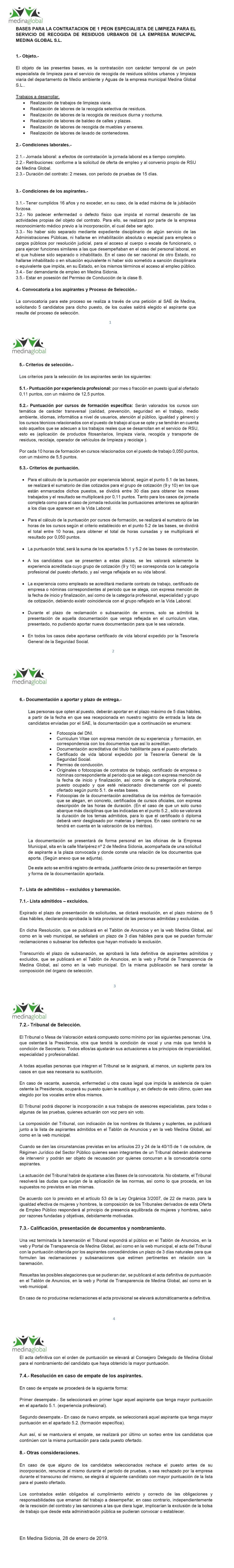 Convocatoria Plaza Peón de limpieza RSU 2019