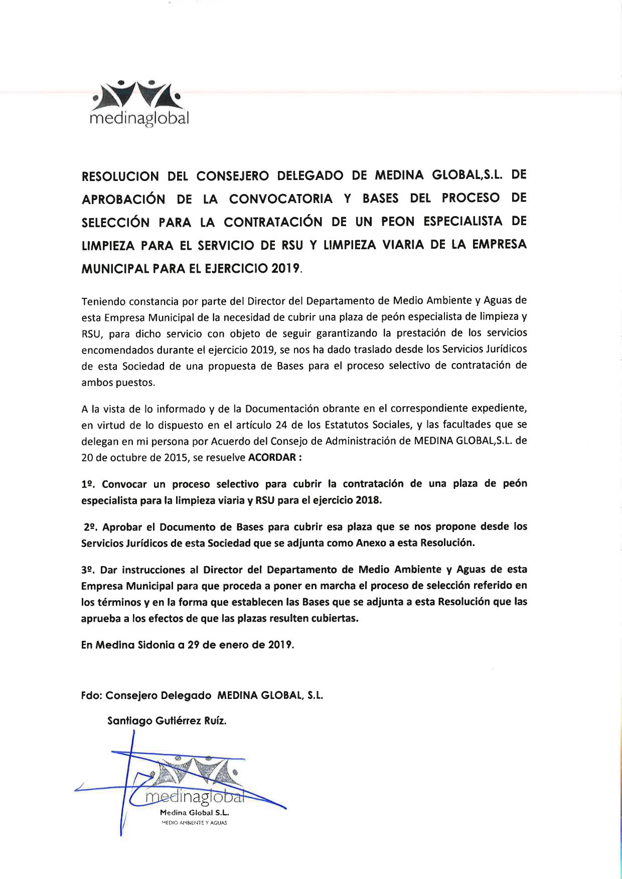 RESOLUCION CONSEJ DELG APROB BASES CONTRATACION PEON LIMPIEZA 30.01.2019