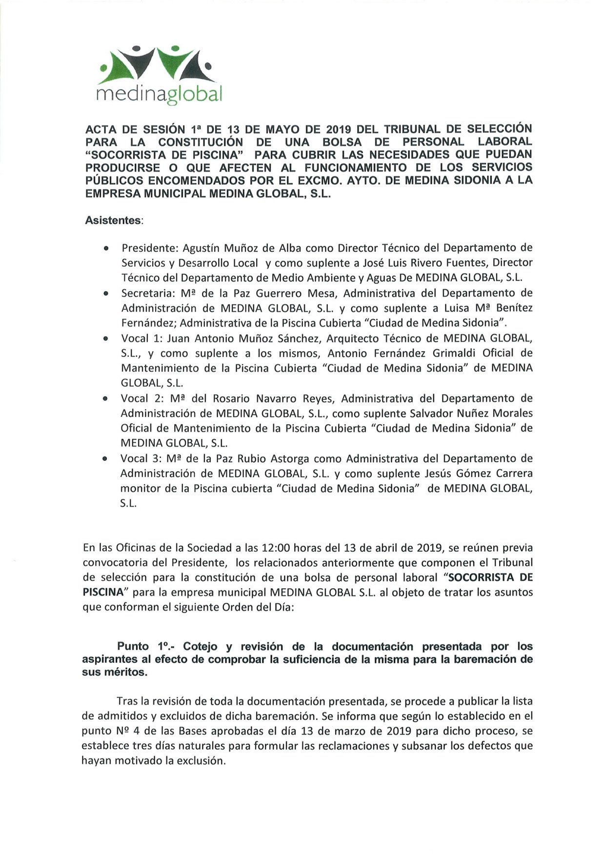ACTA 1ª MESA DE VALORACION LISTA ADMITIDOS Y EXCLUIDOS BOLSA 2019 SOCORRISTA PISCINA-1