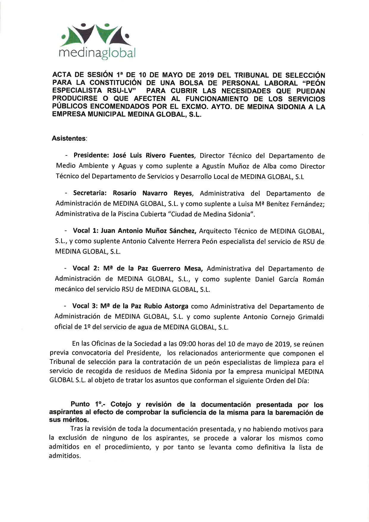 ACTA 1º MESA VALORACION LISTA DEFINITIVA ADMITIDOS PEON RSU BOLSA 2019-1