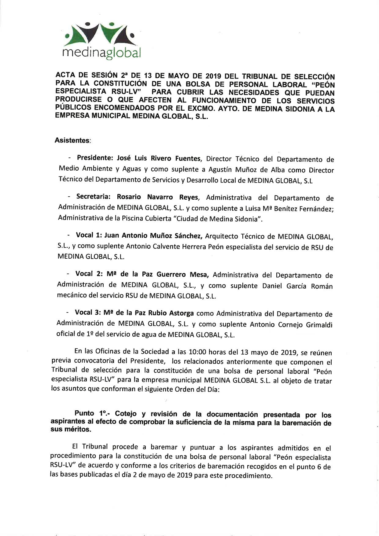 ACTA 2ª MESA VALORACION LISTA PROVISIONAL BAREMACIONES PEON RSU-LV BOLSA 2019-1