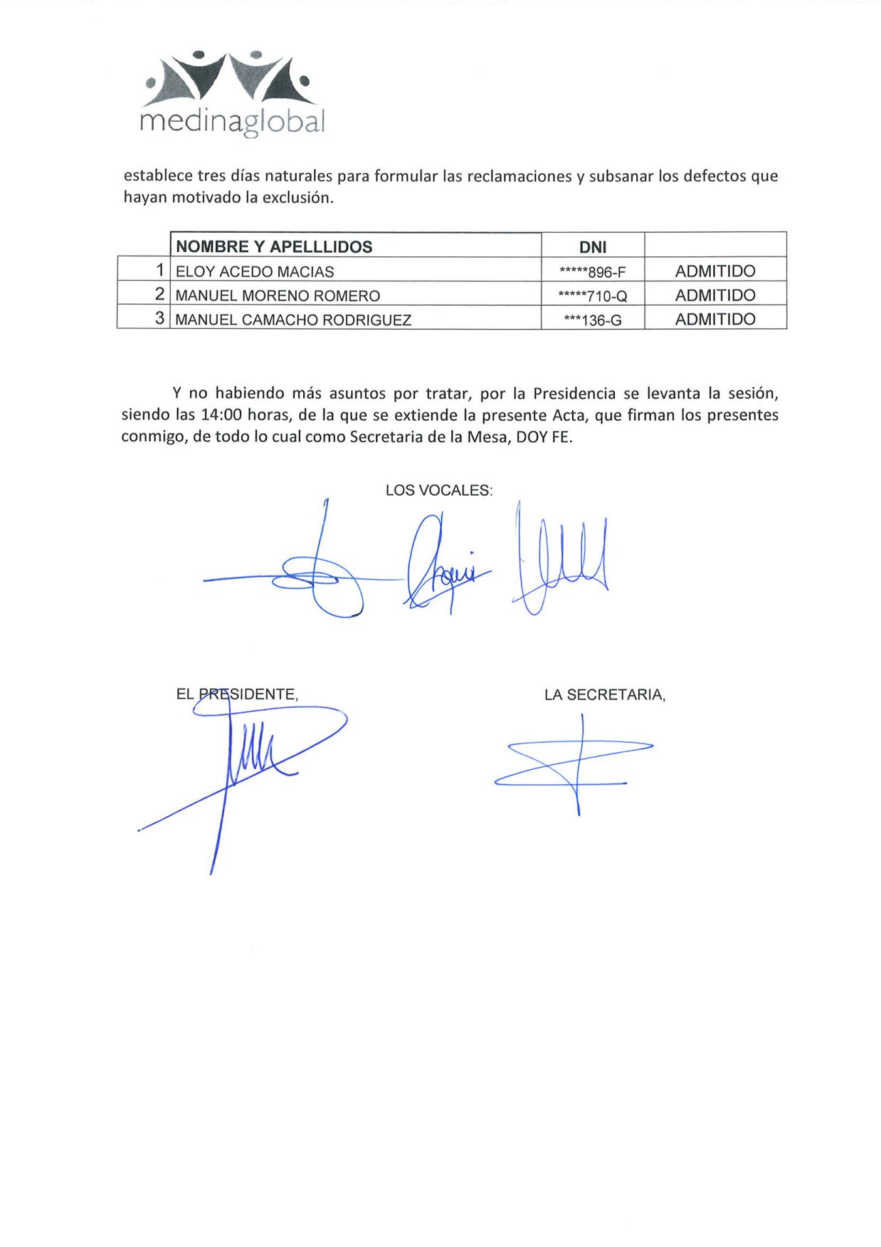 ACTA 4ª MESA DE VALORACION LISTA ADMITIDOS Y EXCLUIDOS 2 ª CONVOCATORIA BOLSA 2019 MONITOR PISCINA-