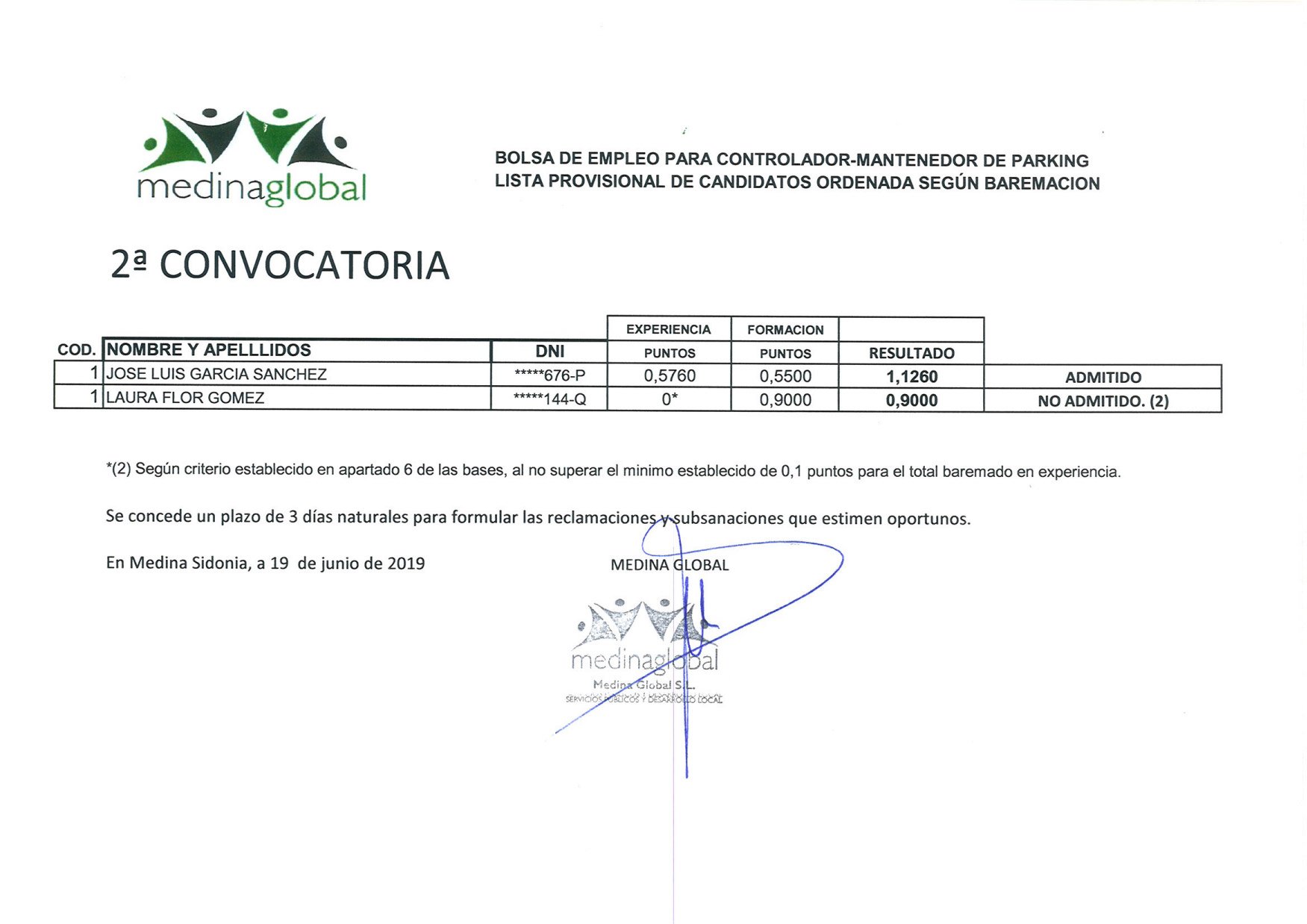 LISTA PROVISIONAL BAREMADA 2ª CONVOCATORIA CONTROLADOR DE PARKING.