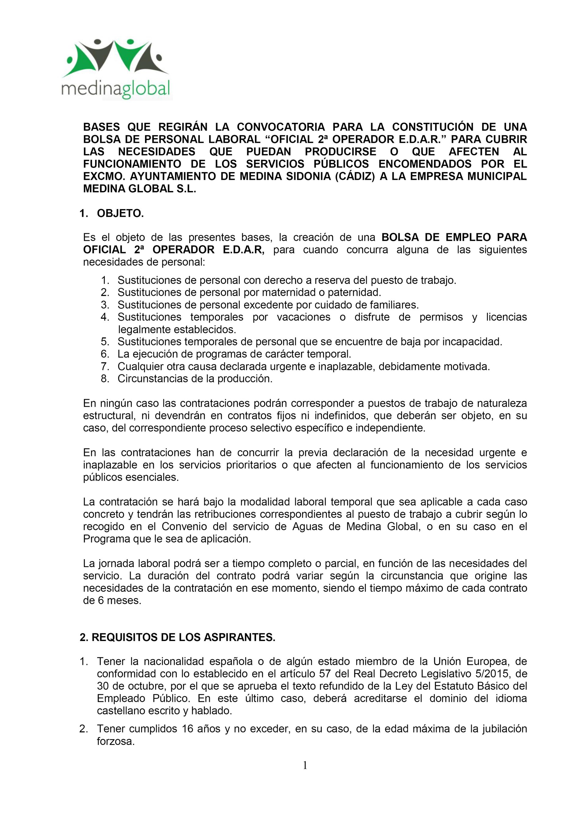 bases para la Constitución de una bolsa para personal laboral Oficial ª Operador EDAR