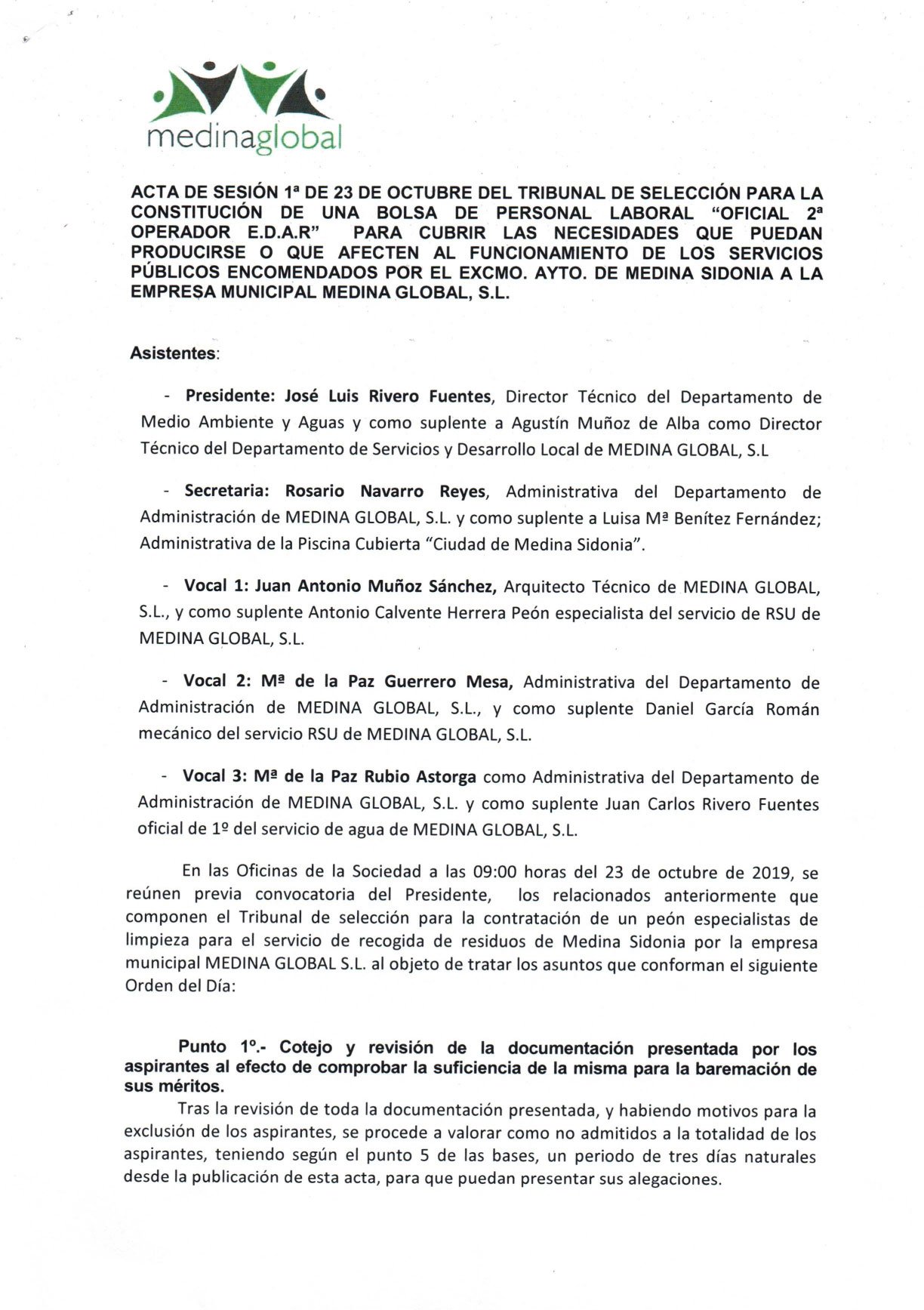 ACTA 1ª MESA DE VALORACION LISTA ADMITIDOS Y EXCLUIDOS OFICIAL 2º OPERADOR EDAR-1