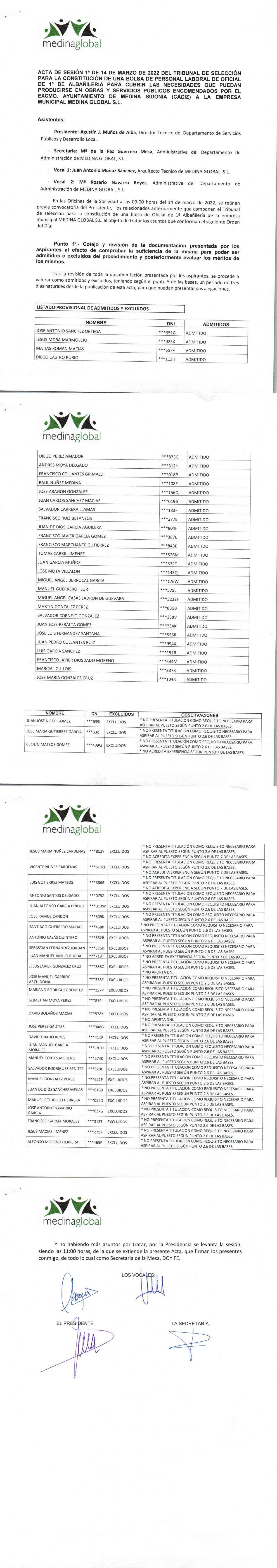 ACTA 1ª MESA DE VALORACION LISTA ADMITIDOS Y EXCLUIDOS BOLSA OFICIAL 1ª ALBAniL