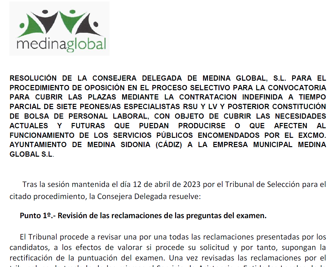 RESOLUCIÓN RESPUESTA RECLAMACIONES EXAMEN Y PUNTUACION PROVISIONAL 7 PEONES RSU Y LV + BOLSA