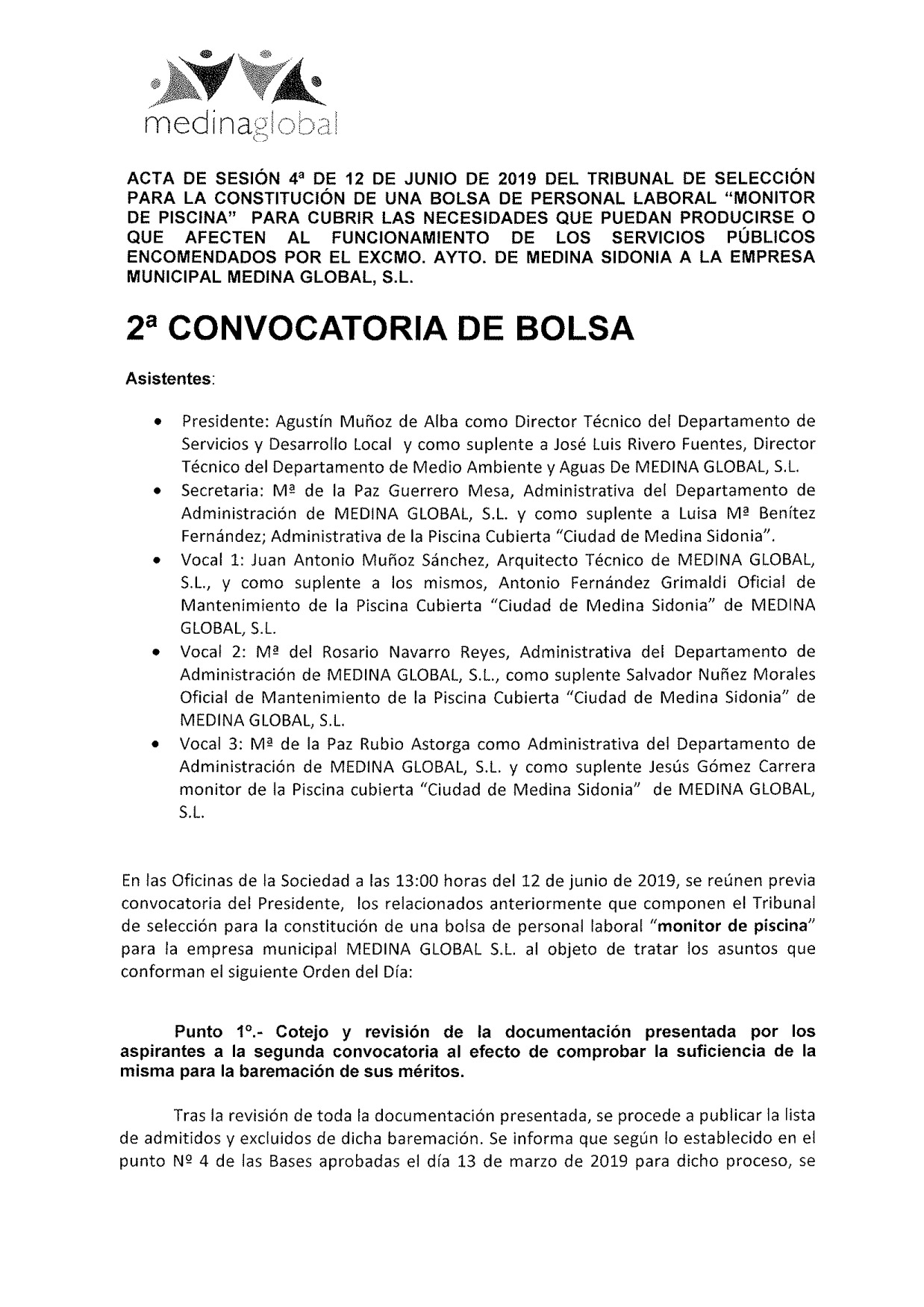 ACTA 4ª MESA DE VALORACION LISTA ADMITIDOS Y EXCLUIDOS 2 ª CONVOCATORIA BOLSA 2019 MONITOR PISCINA